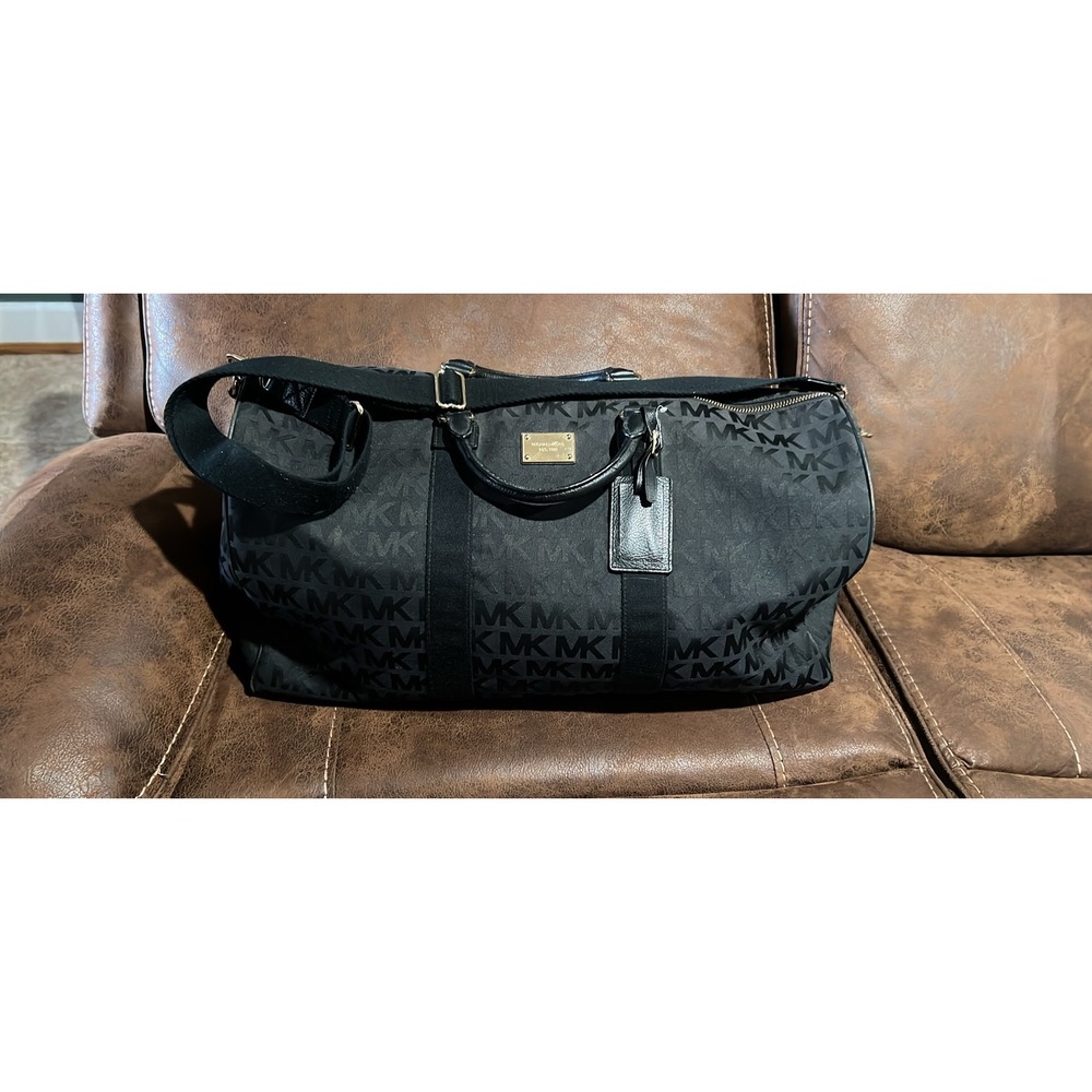 Michael Kors Black MK Monogram Jacquard Duffle Bag Travel Weekender Gold Logo